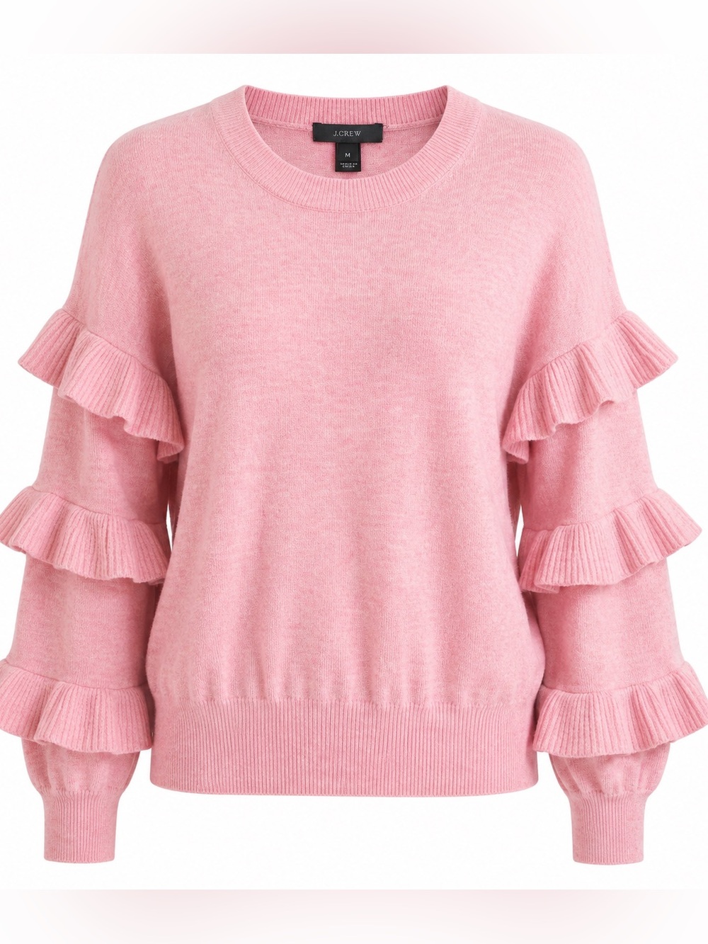 J. Crew Wool Bubblegum Pink Ruffle Sleeve Sweater Crew Neck Size Medium